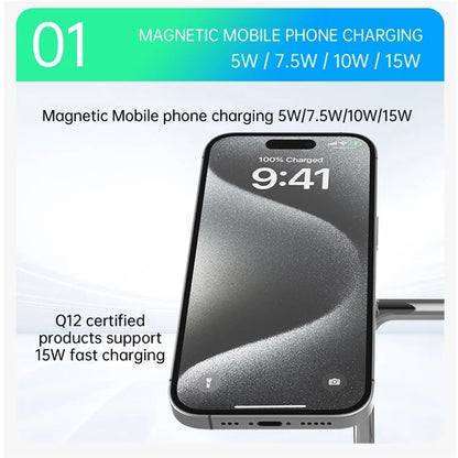 T255 Watch / Earphone / Cellphone 3-in-1 Desktop Charging Stand Qi2 15W Magnetic Wireless Charger