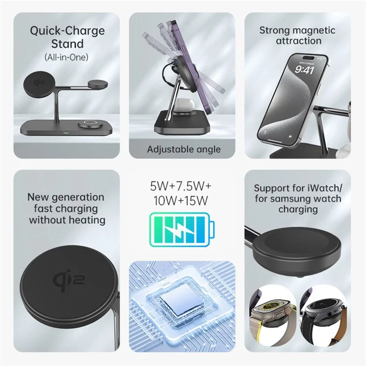 T255 Watch / Earphone / Cellphone 3-in-1 Desktop Charging Stand Qi2 15W Magnetic Wireless Charger