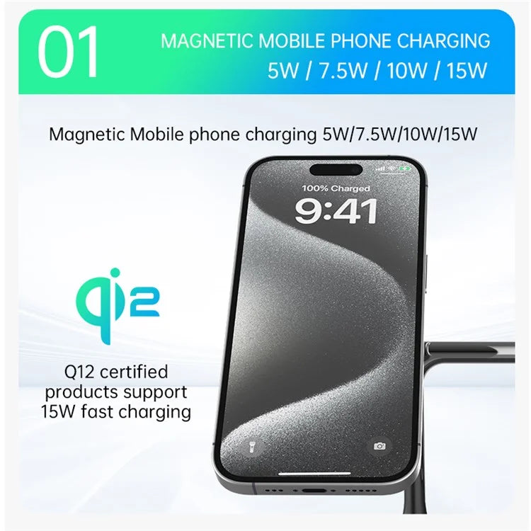 T255 Watch / Earphone / Cellphone 3-in-1 Desktop Charging Stand Qi2 15W Magnetic Wireless Charger