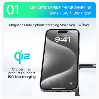 T255 Watch / Earphone / Cellphone 3-in-1 Desktop Charging Stand Qi2 15W Magnetic Wireless Charger