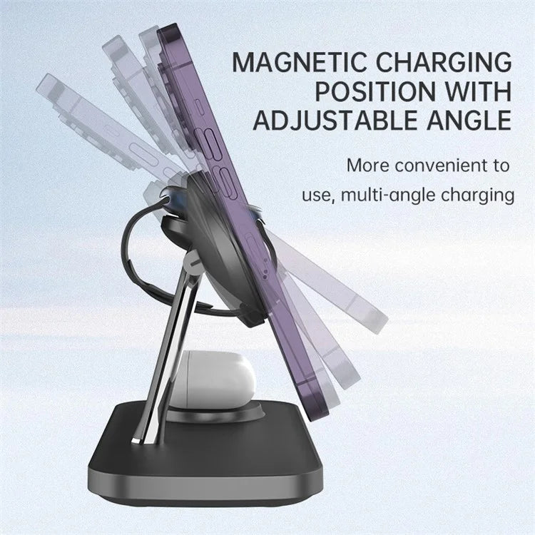 T255 Watch / Earphone / Cellphone 3-in-1 Desktop Charging Stand Qi2 15W Magnetic Wireless Charger