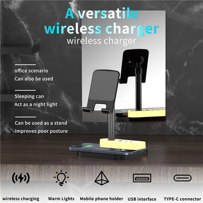 HT-531 15W Wireless Charger with Night Light Phone Bracket USB + Type-C Power Socket