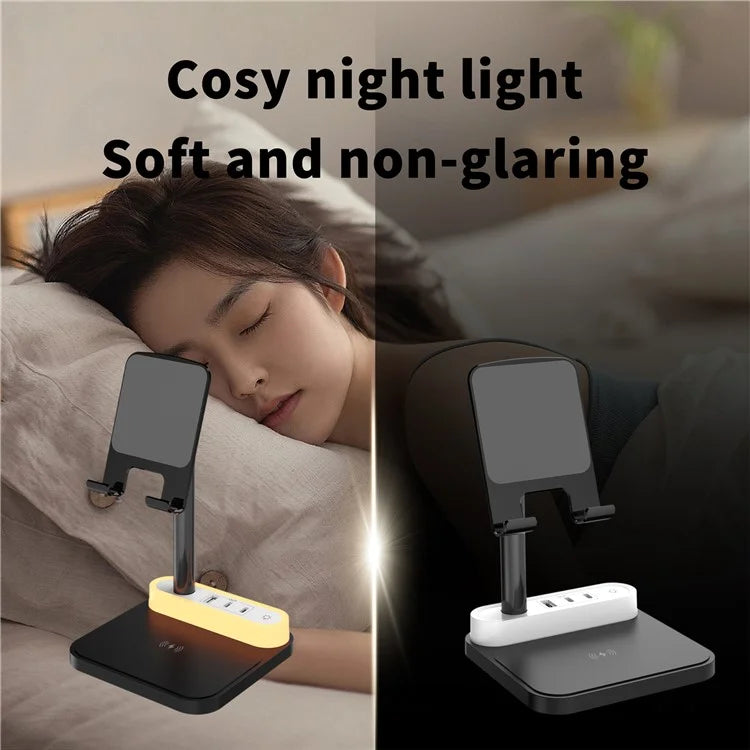 HT-531 15W Wireless Charger with Night Light Phone Bracket USB + Type-C Power Socket