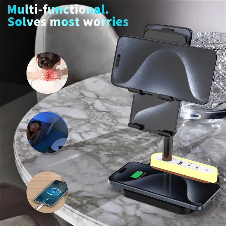 HT-531 15W Wireless Charger with Night Light Phone Bracket USB + Type-C Power Socket