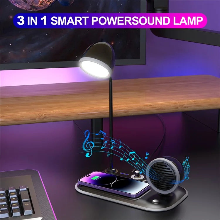 HT-310 3-in-1 15W Wireless Charger 3 Light Modes LED Desk Lamp with Bluetooth Speaker