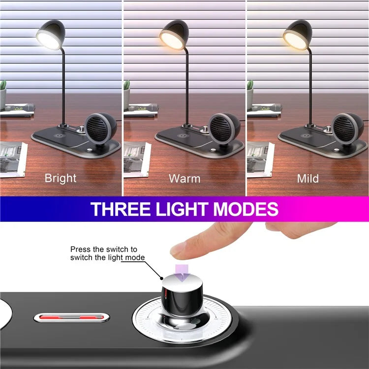 HT-310 3-in-1 15W Wireless Charger 3 Light Modes LED Desk Lamp with Bluetooth Speaker