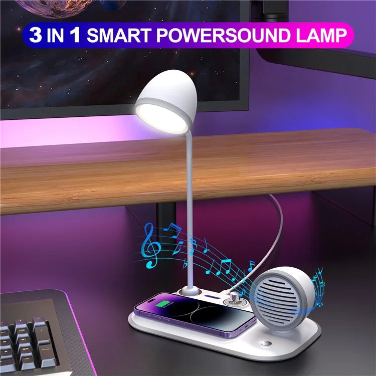 HT-310 3-in-1 15W Wireless Charger 3 Light Modes LED Desk Lamp with Bluetooth Speaker