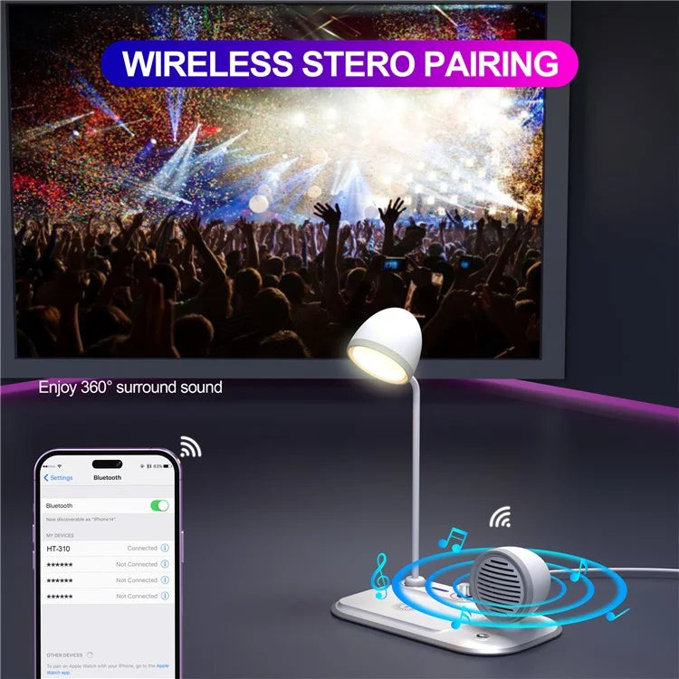 HT-310 3-in-1 15W Wireless Charger 3 Light Modes LED Desk Lamp with Bluetooth Speaker
