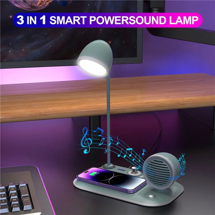 HT-310 3-in-1 15W Wireless Charger 3 Light Modes LED Desk Lamp with Bluetooth Speaker