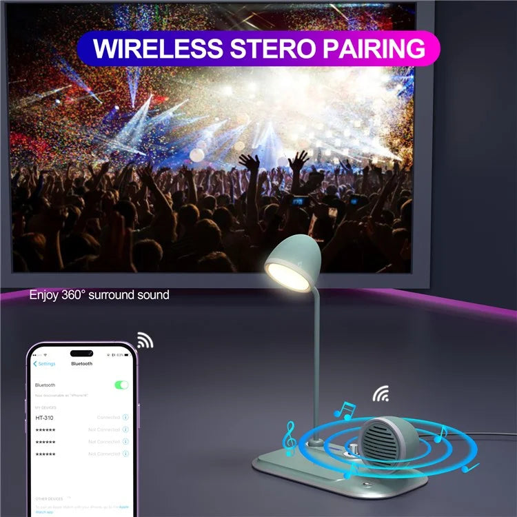 HT-310 3-in-1 15W Wireless Charger 3 Light Modes LED Desk Lamp with Bluetooth Speaker