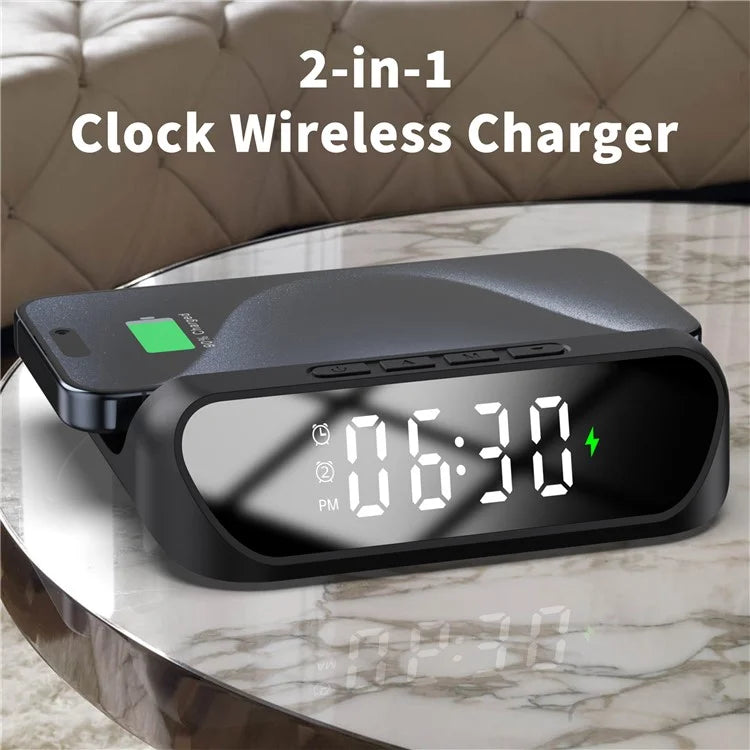 HT-331 2-in-1 15W Desktop Wireless Charger Dimmable Alarm Clock with Snooze Function