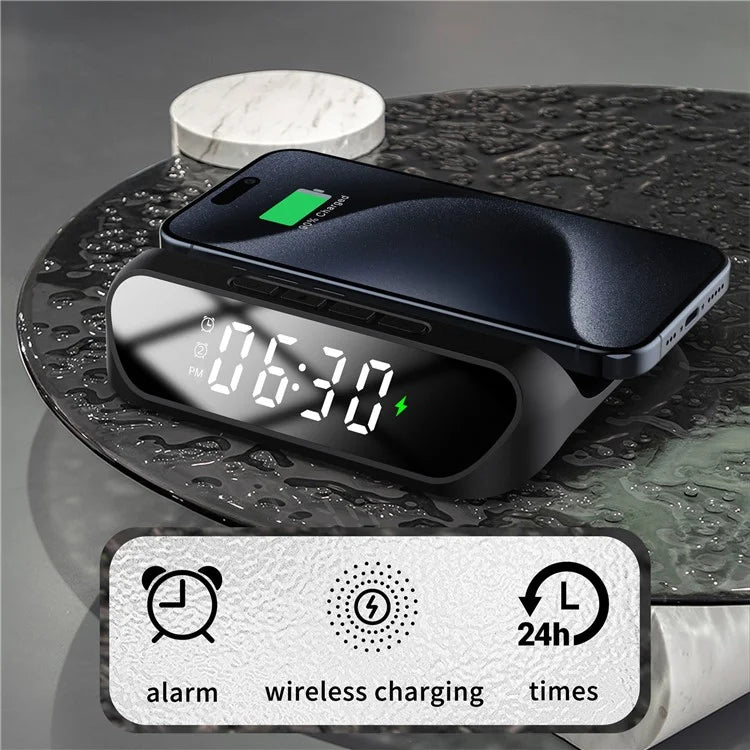 HT-331 2-in-1 15W Desktop Wireless Charger Dimmable Alarm Clock with Snooze Function