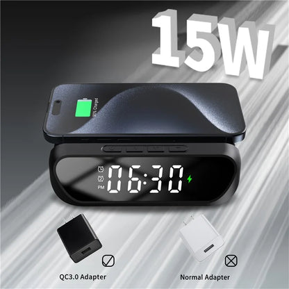 HT-331 2-in-1 15W Desktop Wireless Charger Dimmable Alarm Clock with Snooze Function