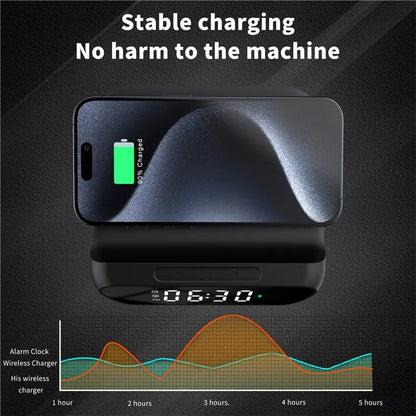 HT-331 2-in-1 15W Desktop Wireless Charger Dimmable Alarm Clock with Snooze Function