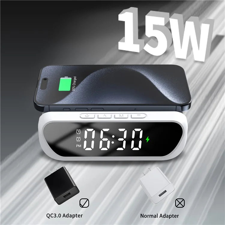 HT-331 2-in-1 15W Desktop Wireless Charger Dimmable Alarm Clock with Snooze Function