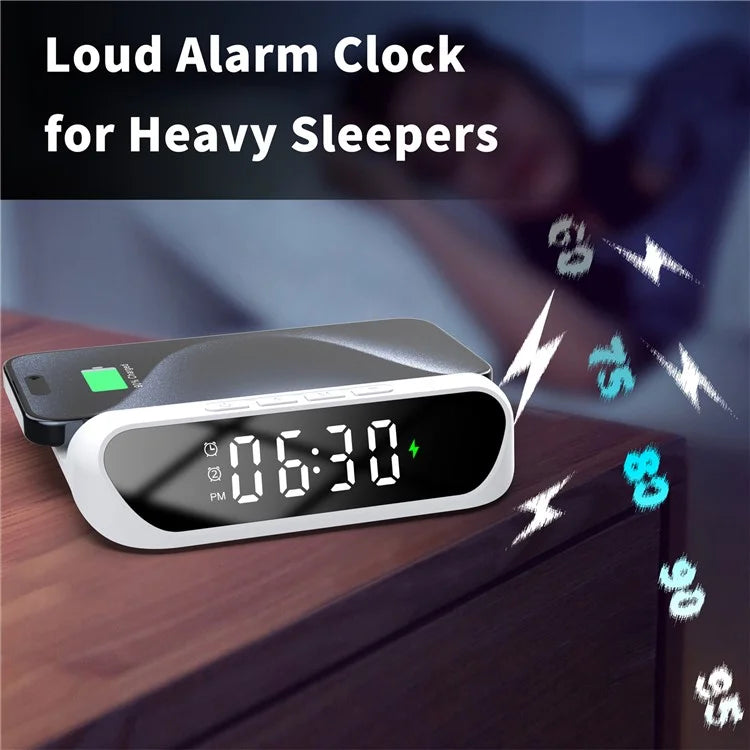 HT-331 2-in-1 15W Desktop Wireless Charger Dimmable Alarm Clock with Snooze Function