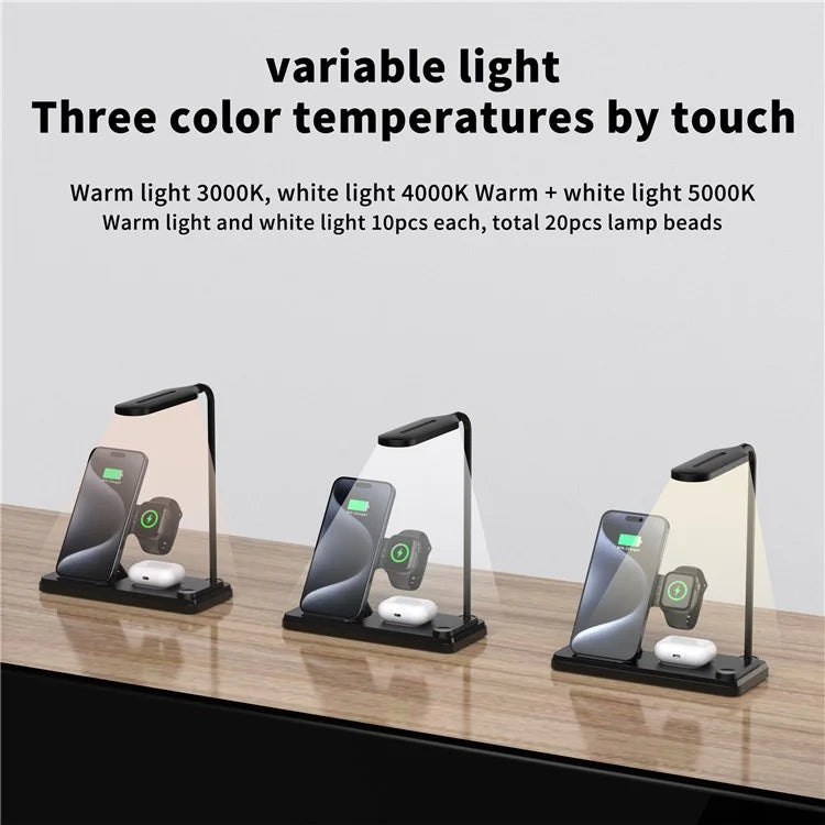 HT-503 Folding 15W Wireless Charger for Phone / Watch / Earbuds with Touch Control LED Table Lamp