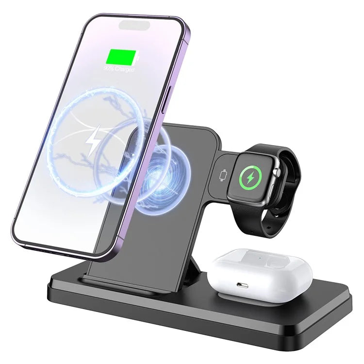 HT-514 3-in-1 Foldable Charging Dock 15W Wireless Charger for Phone / Watch / Earbuds