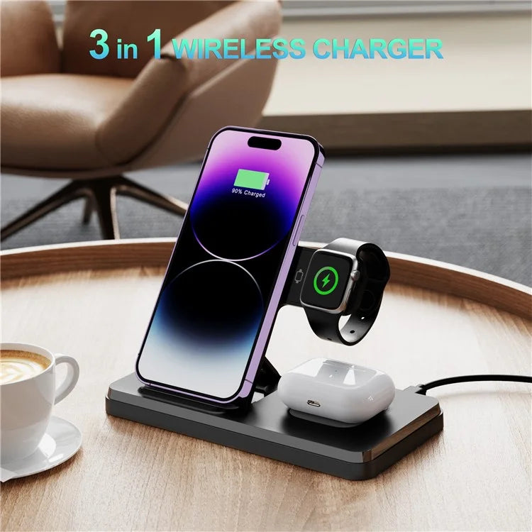 HT-514 3-in-1 Foldable Charging Dock 15W Wireless Charger for Phone / Watch / Earbuds