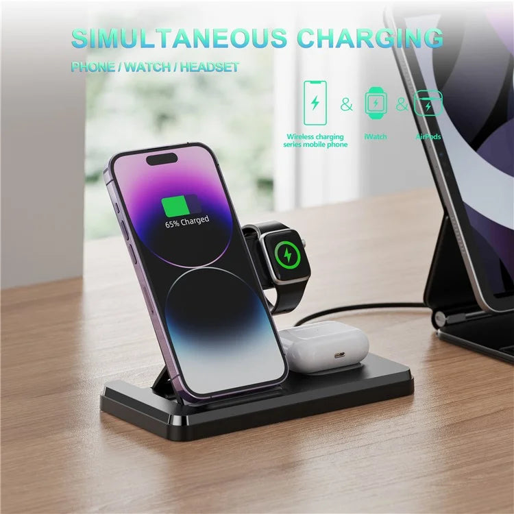 HT-514 3-in-1 Foldable Charging Dock 15W Wireless Charger for Phone / Watch / Earbuds