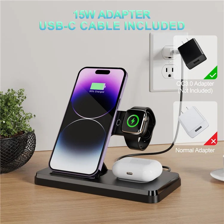 HT-514 3-in-1 Foldable Charging Dock 15W Wireless Charger for Phone / Watch / Earbuds