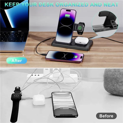 HT-514 3-in-1 Foldable Charging Dock 15W Wireless Charger for Phone / Watch / Earbuds