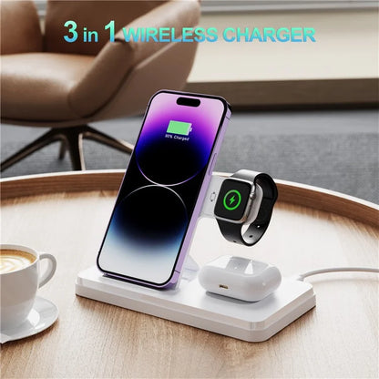 HT-514 3-in-1 Foldable Charging Dock 15W Wireless Charger for Phone / Watch / Earbuds