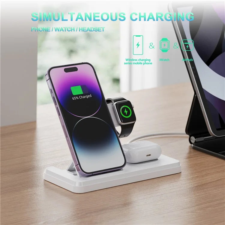 HT-514 3-in-1 Foldable Charging Dock 15W Wireless Charger for Phone / Watch / Earbuds