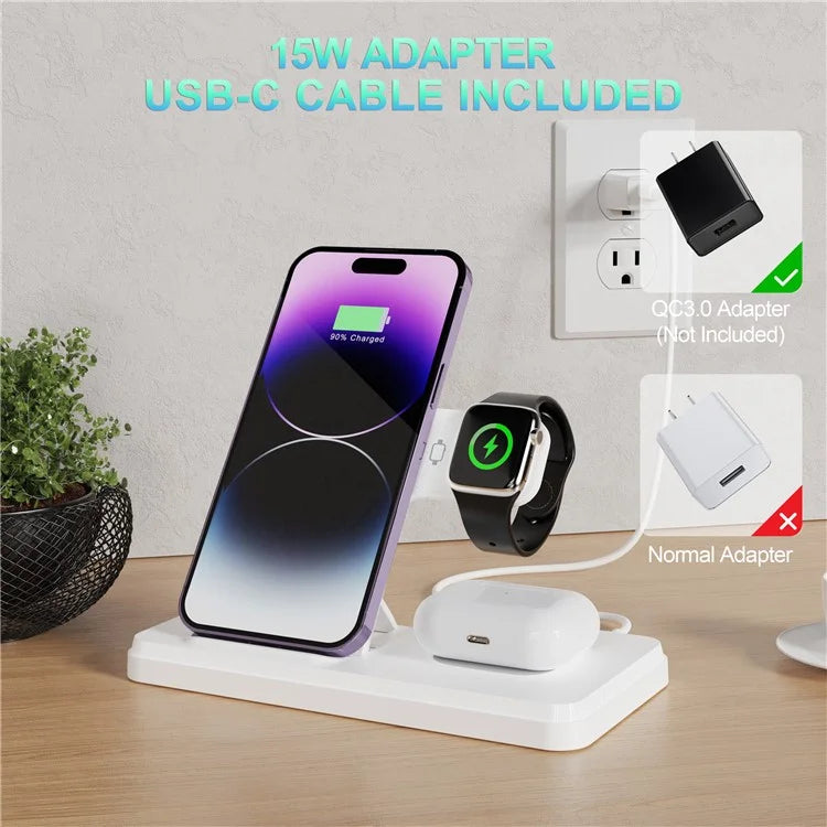 HT-514 3-in-1 Foldable Charging Dock 15W Wireless Charger for Phone / Watch / Earbuds
