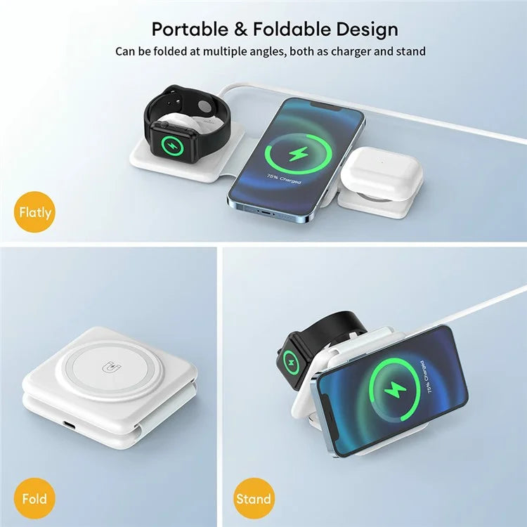 W-126 3 In 1 Wireless Magnetic Charging Station Phone Charging Pad Foldable Watch Earphone Charger
