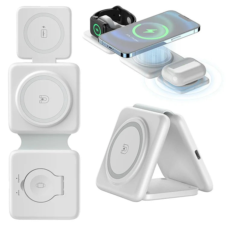 W-126 3 In 1 Wireless Magnetic Charging Station Phone Charging Pad Foldable Watch Earphone Charger