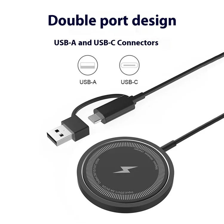 W104 USB+Type-C Interface Wireless Charger 15W Wireless Charging Pad Compatible with MagSafe