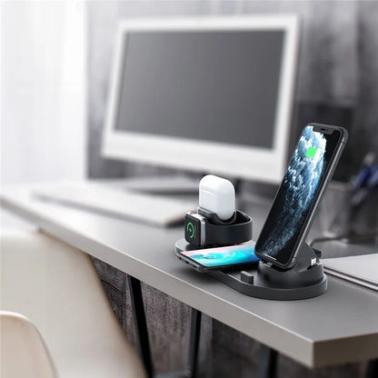 B07C 6-in-1 Desktop Phone Watch Earphone Charging Stand Wireless Charger