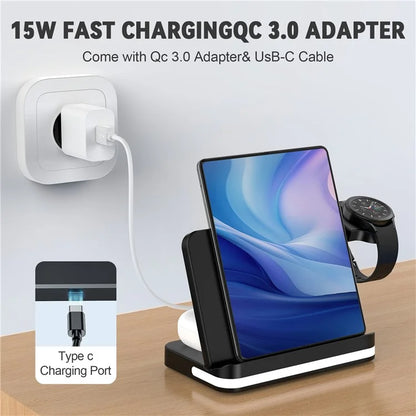 B26 For Samsung Watch Wireless Charger Foldable Phone Earphone Smartwatch 3-in-1 Charging Stand