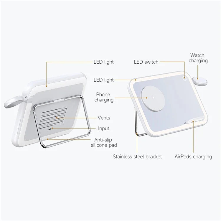 V22 3-in-1 Compatible with MagSafe Wireless Charger with LED Makeup Mirror and Night Light