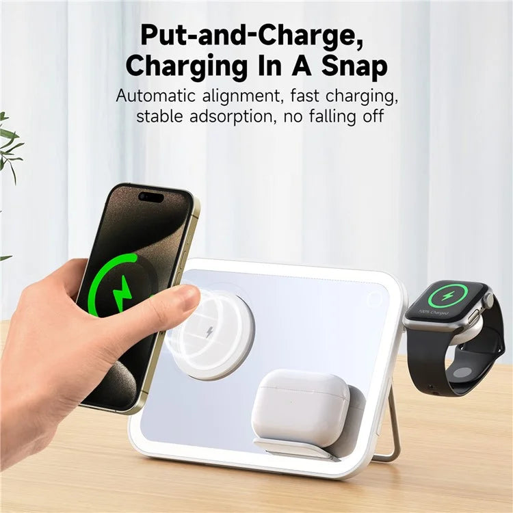 V22 3-in-1 Compatible with MagSafe Wireless Charger with LED Makeup Mirror and Night Light