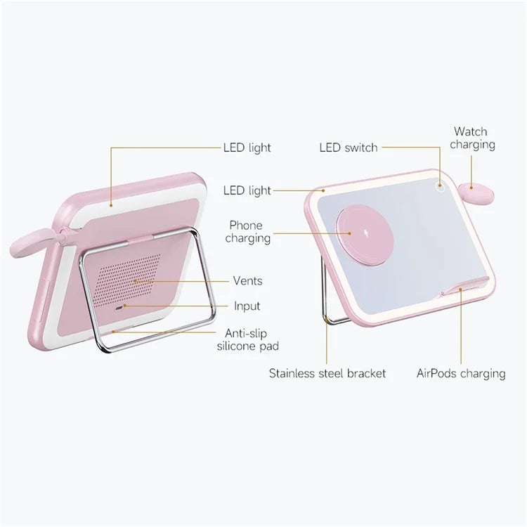 V22 3-in-1 Compatible with MagSafe Wireless Charger with LED Makeup Mirror and Night Light