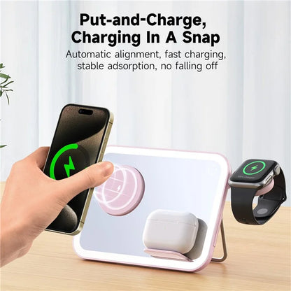 V22 3-in-1 Compatible with MagSafe Wireless Charger with LED Makeup Mirror and Night Light