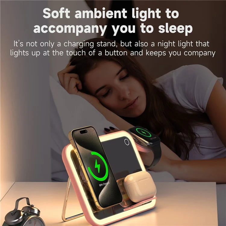 V22 3-in-1 Compatible with MagSafe Wireless Charger with LED Makeup Mirror and Night Light