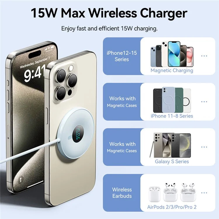 ESSAGER 15W Fast Charging Circular Magnetic Wireless Charger with Digital Display