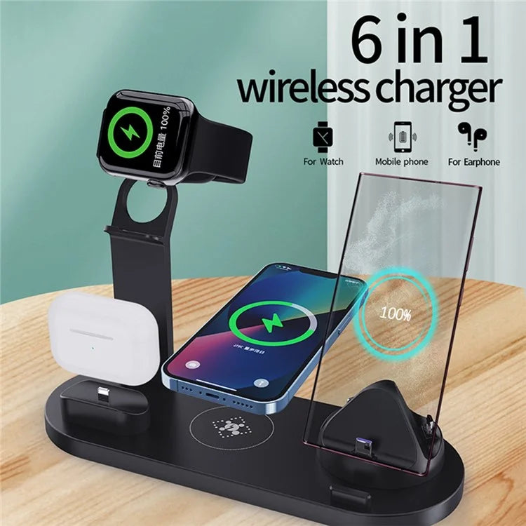 B-07 6-in-1 Desktop Phone Watch Earphone Charging Stand Wireless Charging Dock