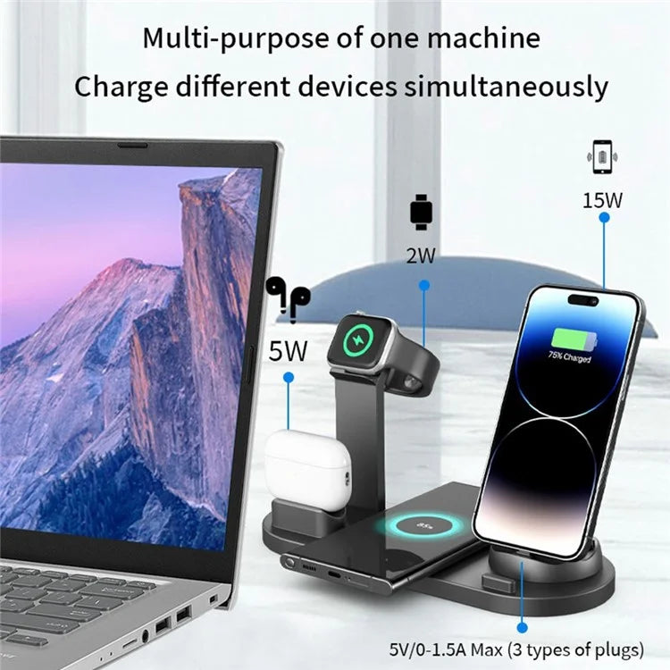 B07A For iPhone / iWatch / AirPods 6-in-1 Desktop Charging Stand 15W Wireless Charging Charger