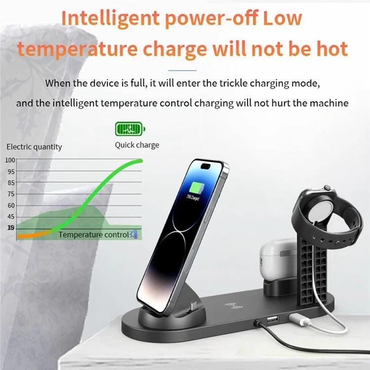 B07A For iPhone / iWatch / AirPods 6-in-1 Desktop Charging Stand 15W Wireless Charging Charger