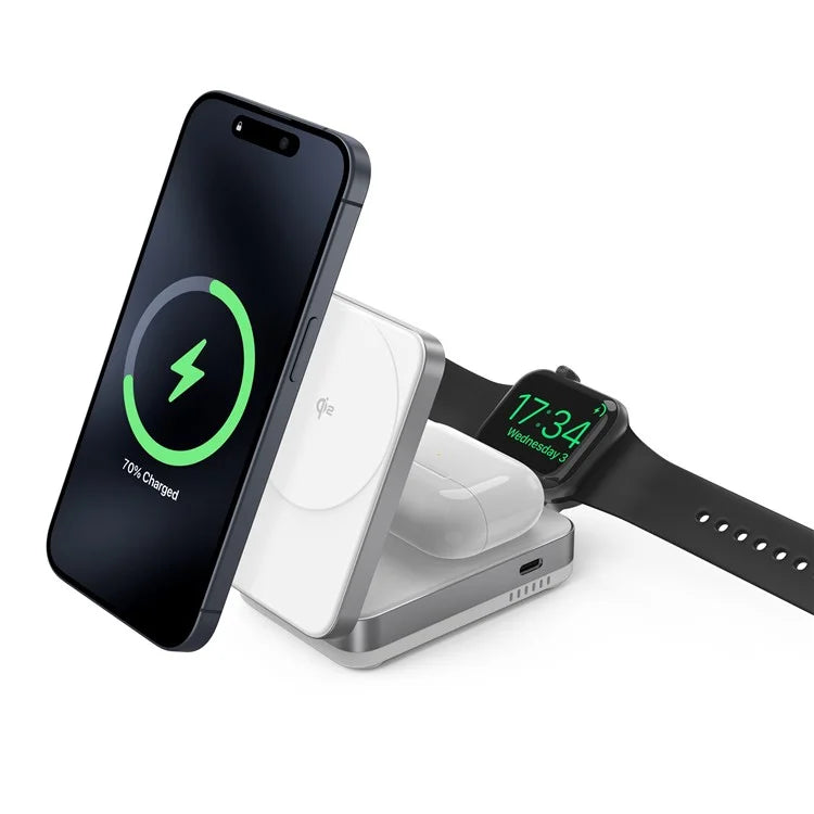 YF-M27 Qi2 Certified 3-in-1 15W Magnetic Wireless Charger with Aluminum Alloy Frame for Earbuds  /  Apple Watch  /  iPhone