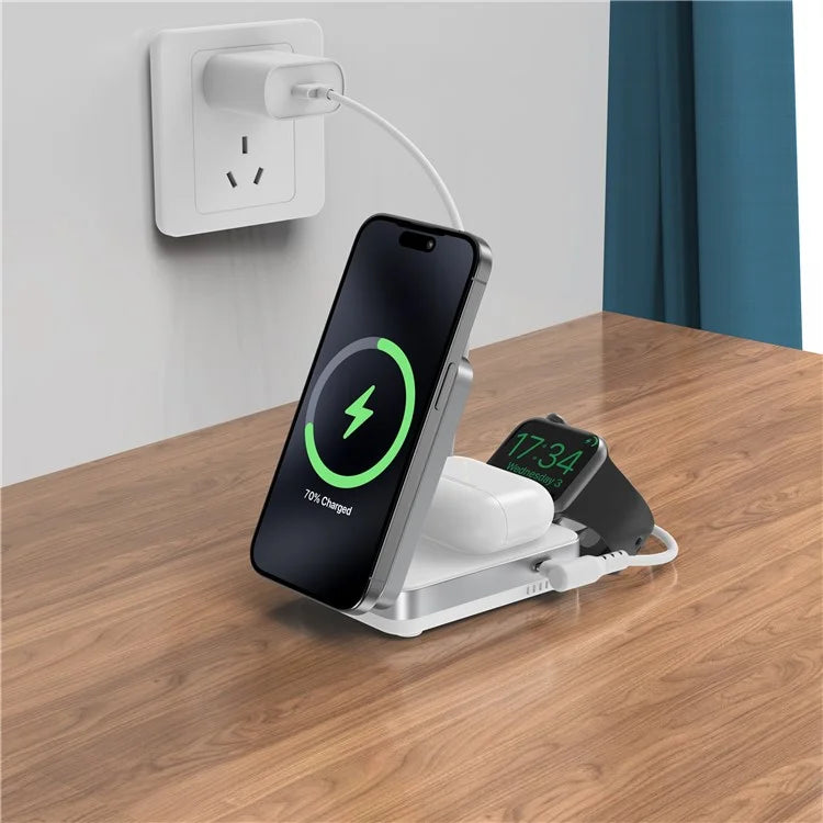 YF-M27 Qi2 Certified 3-in-1 15W Magnetic Wireless Charger with Aluminum Alloy Frame for Earbuds  /  Apple Watch  /  iPhone