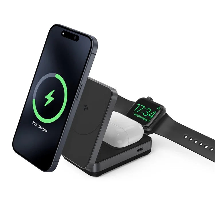 YF-M27 Qi2 Certified 3-in-1 15W Magnetic Wireless Charger with Aluminum Alloy Frame for Earbuds  /  Apple Watch  /  iPhone