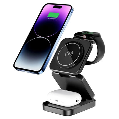 A380 3-in-1 15W Fast Charging Desktop Bracket Folding Magnetic Wireless Charger Compatible with iPhone  /  Apple Watch  /  Airpods