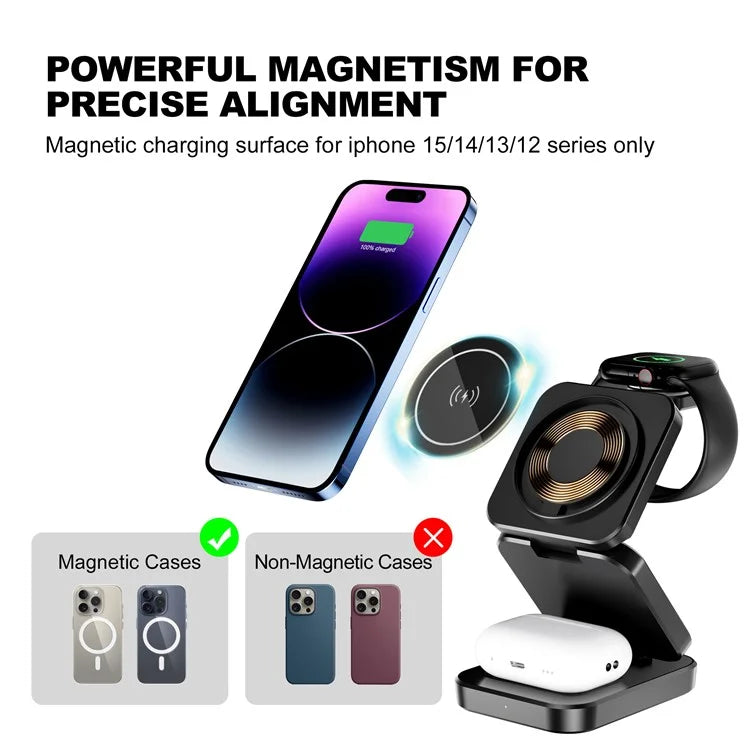 A380 3-in-1 15W Fast Charging Desktop Bracket Folding Magnetic Wireless Charger Compatible with iPhone  /  Apple Watch  /  Airpods