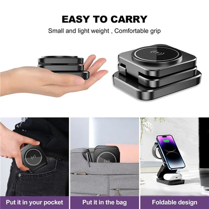 A380 3-in-1 15W Fast Charging Desktop Bracket Folding Magnetic Wireless Charger Compatible with iPhone  /  Apple Watch  /  Airpods