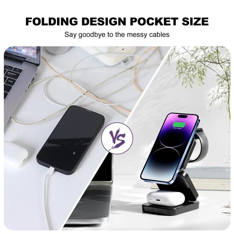 A380 3-in-1 15W Fast Charging Desktop Bracket Folding Magnetic Wireless Charger Compatible with iPhone  /  Apple Watch  /  Airpods